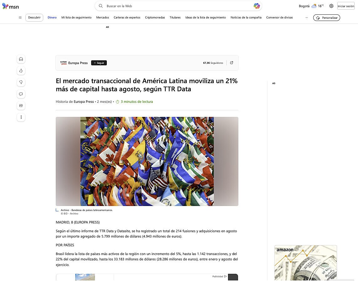 El mercado transaccional de Amrica Latina moviliza un 21% ms de capital hasta agosto, segn TTR Data